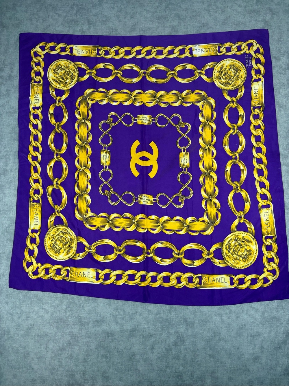 CHANEL Purple and Gold Chain Motif Silk Scarf
